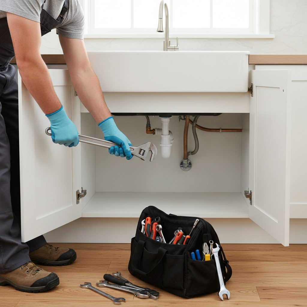Maintenance technician repairing a kitchen sink in a rental unit